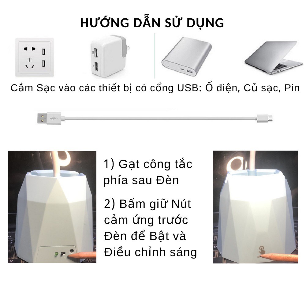 Đèn bàn học tích điện có giá để điện thoại cổng sạc siêu tiện lợi USB KM 36011.36018