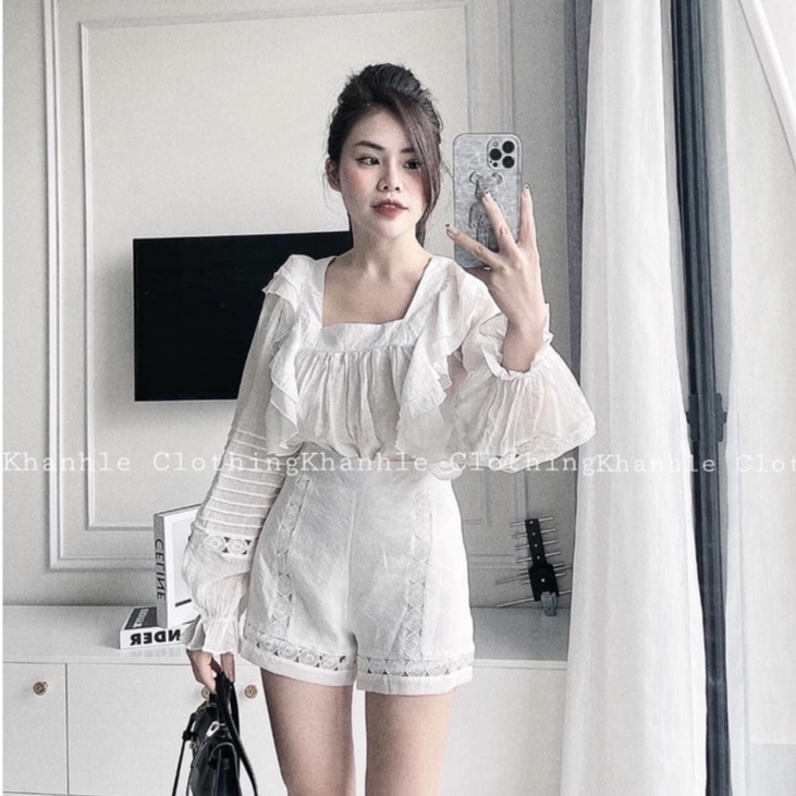 Set ren bèo cổ vuông quần đùi trắng DN325
