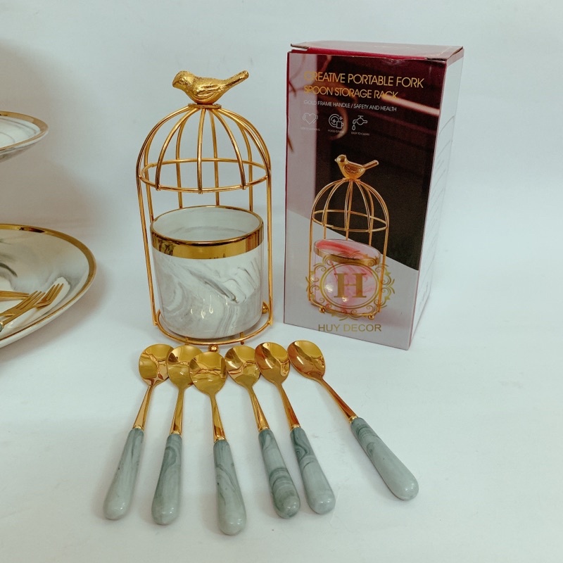 Giỏ đựng muỗng nĩa thìa dĩa hình lồng chim bằng sứ vân đá cẩm thạch mầu xám trang trí Huydecor