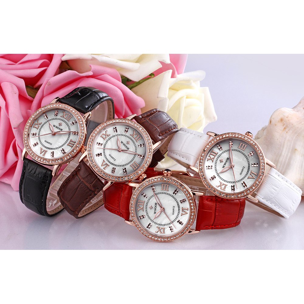 ĐỒNG HỒ NỮ WWOOR 8807 DÂY DA CAO CẤP,VIỀN ĐÁ SANG TRỌNG