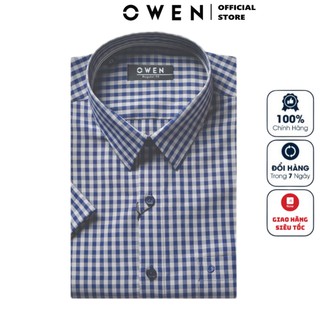 Áo Sơ Mi Nam Ngắn Tay Owen AR22669NT Somi Cộc Tay Công Sở Cao Cấp Xanh Navy Xám Kẻ Caro Nhỏ Chất Sợi Tre Regular Fit