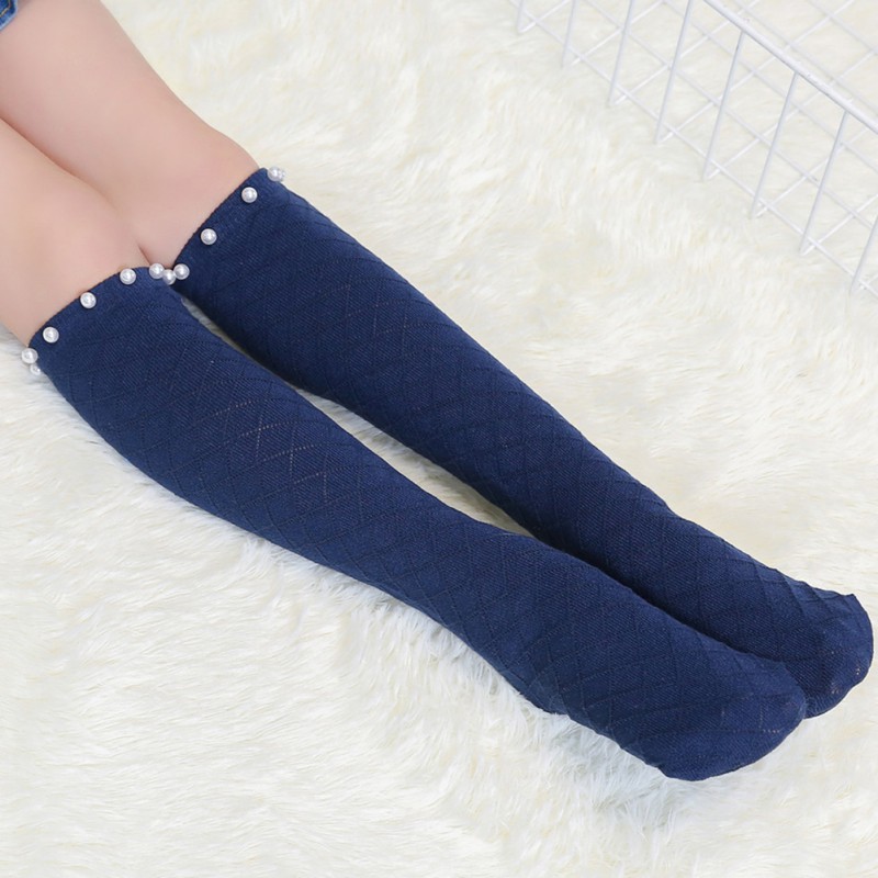 Vớ cotton dài đến gối, thiết kế đính ngọc trai cho bé gái