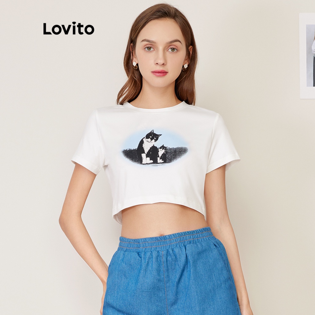 Áo thun Lovito dáng ngắn in đồ họa phong cách ngày thường L27AD172 (màu trắng )