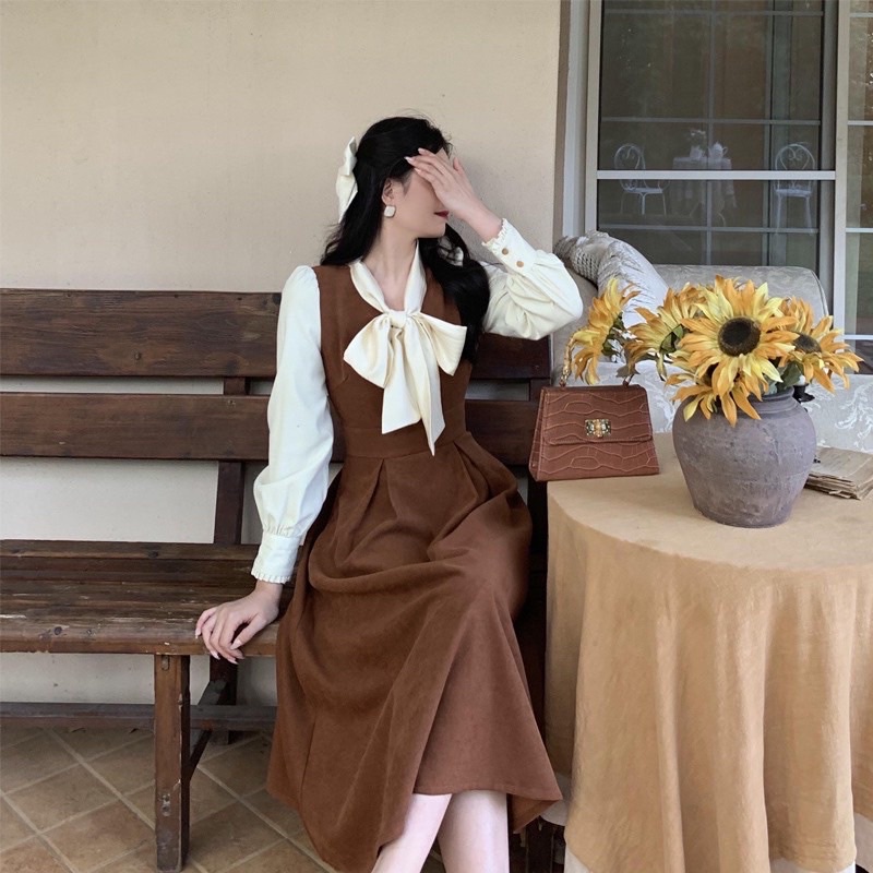 Đầm đi tiệc, váy xoè thiết kế dài tay cổ thắt nơ chất dạ nhung đẹp có khoá kéo sang chảnh