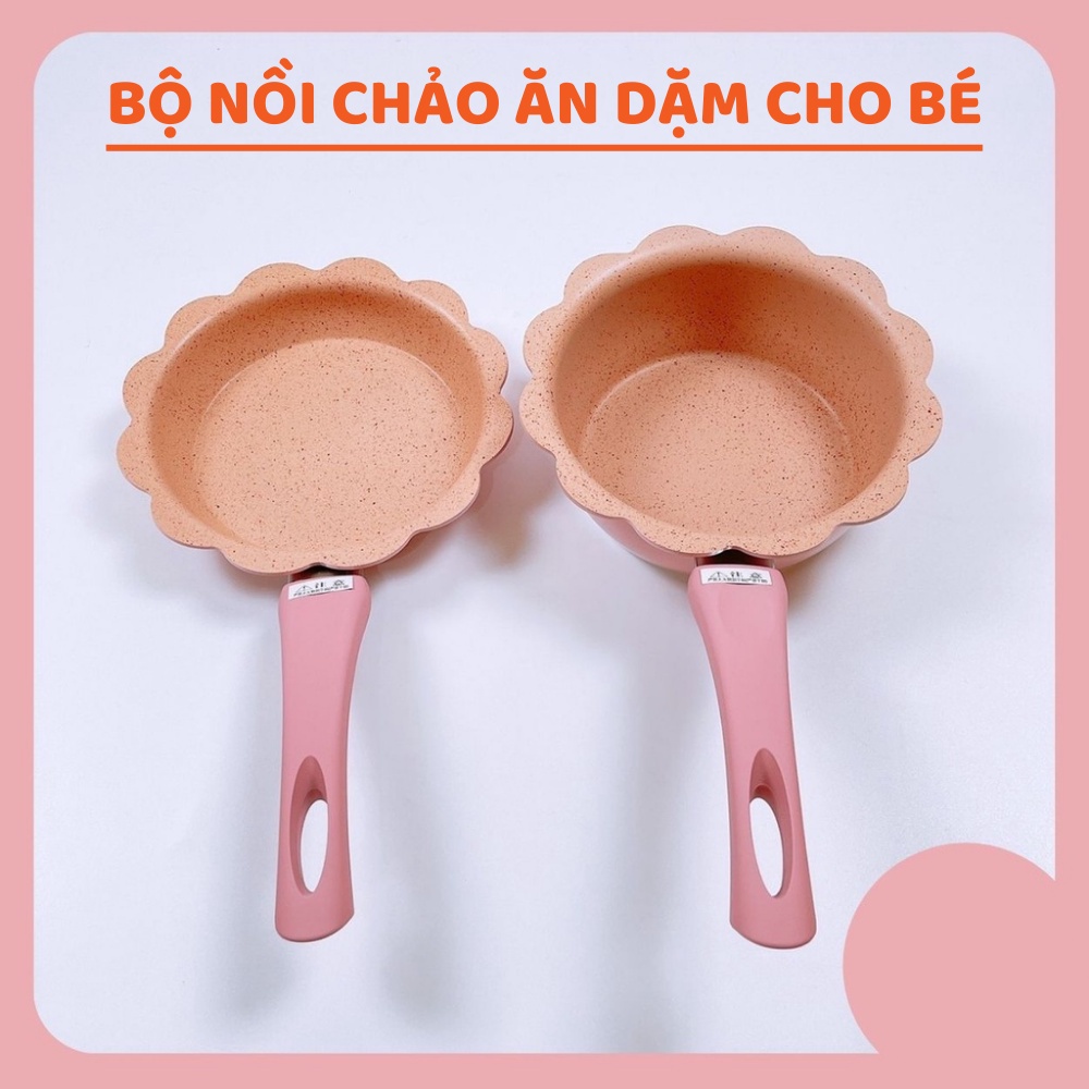 Bộ Nồi Chảo Đá Tráng Men Nấu Đồ Ăn Dặm Cho Bé, Đi Kèm Giá Hấp