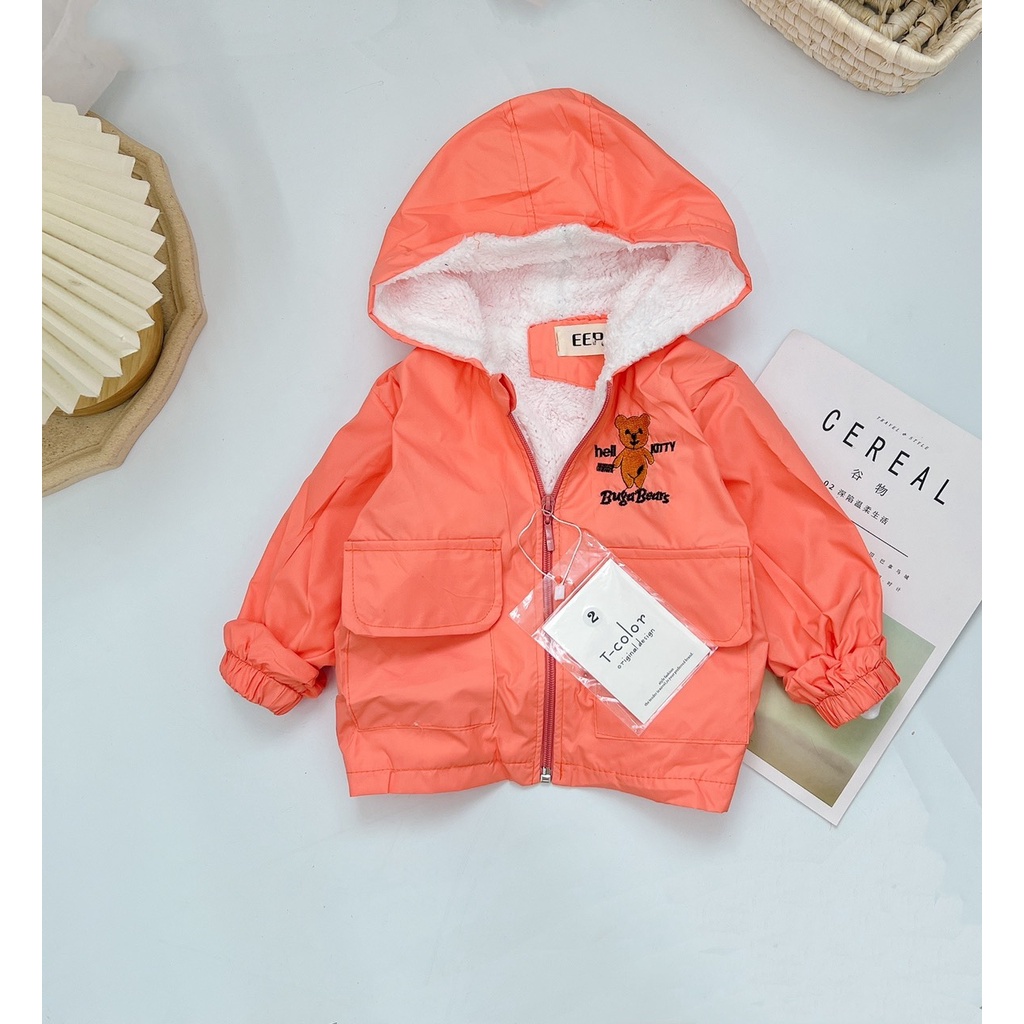 Áo khoác mùa đông, áo khoác lót lông thêu gấu BUGA BEAR túi thật cho bé trai, bé gái