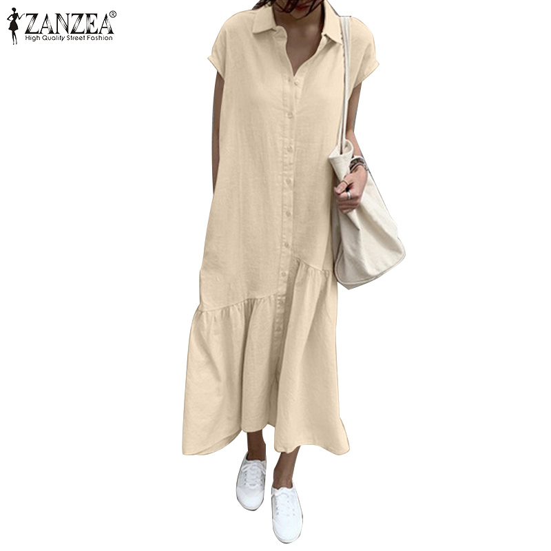 Đầm Maxi ZANZEA Tay Ngắn Có Cổ Gài Khuy Xếp Ly Màu Trơn Đơn Giản Dành Cho Bạn Nữ