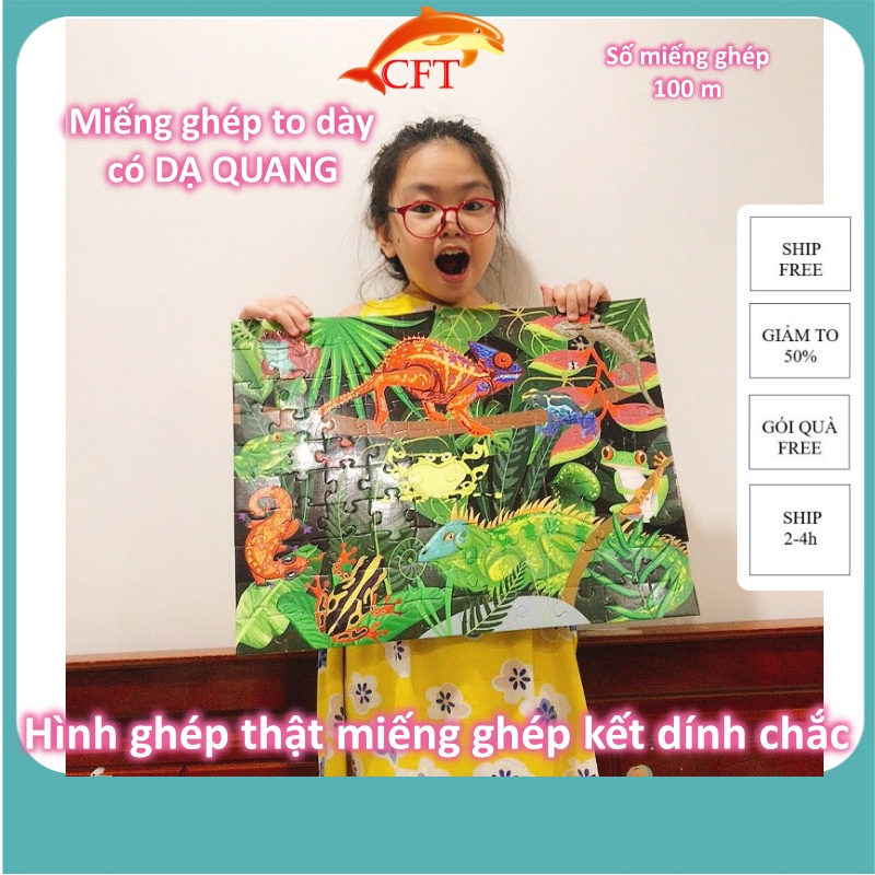 Xếp  Hình Cho Bé Từ 4 Tuổi Ghép hình Puzzle Có DẠ QUANG Phát Sáng Trong Đêm 100 Miếng Ghép Với 4 Chủ Đề Con Vật