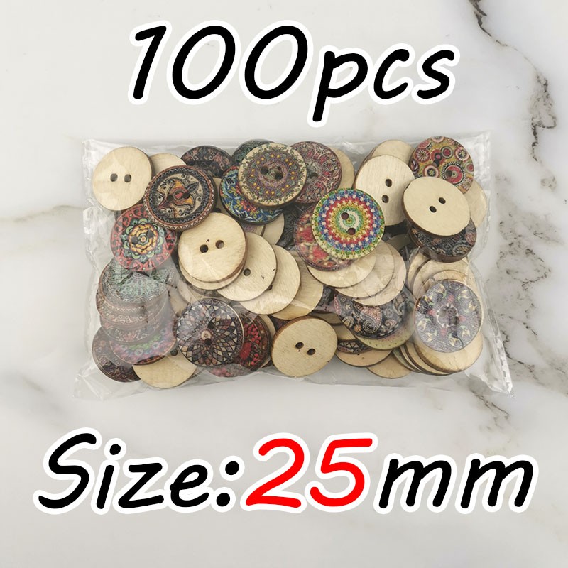 Set 100 Nút Gỗ Tròn 2 Lỗ In Họa Tiết Vintage Trang Trí Sổ Tay DIY
