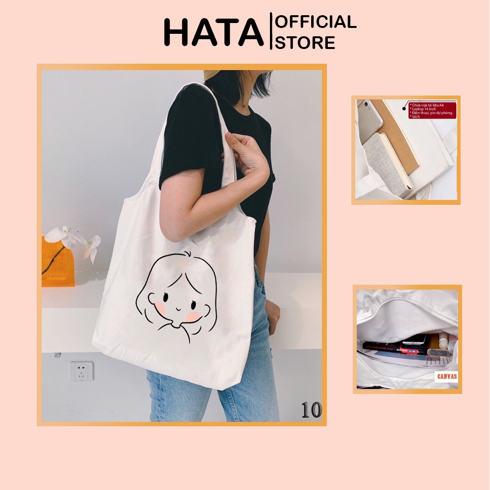 Túi Tote Trắng Vải Canvas Mềm Họa Tiết Cô Gái Má Hồng 1053 Thời Trang Dạo Phố Hàn Quốc Cục Xinh