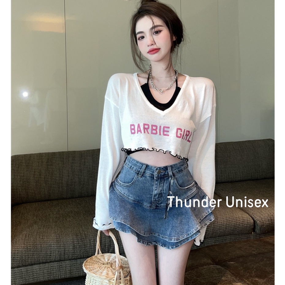 Set Váy Áo Yếm Mix Croptop Dài Tay 2 Màu Siêu Xinh Đi Kèm Chân Váy Bò Phong Cách Ulzzang Hàn Quốc Thunder Unisex