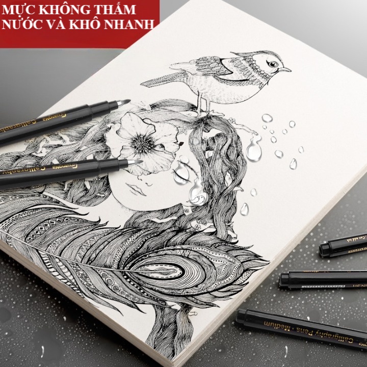 Bút lông dầu thư pháp màu đen 7 kích cỡ ngòi viết vẽ Calligraphy Kanji Hán tự cọ chữ nho brush lettering GN201