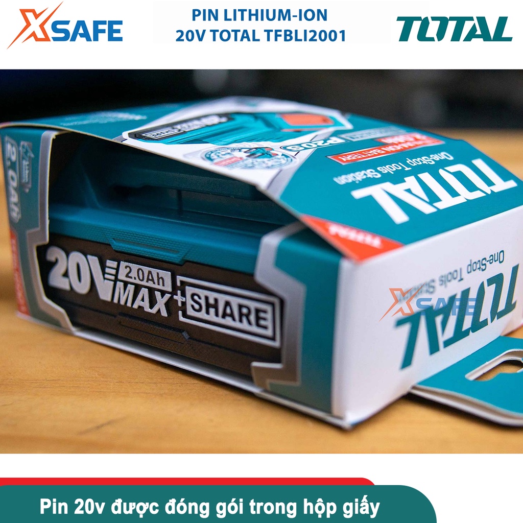 Pin Lithium-ion 20V TOTAL TFBLI2001/TFBLI2002, dung lượng 2-4Ah, đèn LED báo pin, tương thích nhiều dòng 20V TOTAL/INGCO