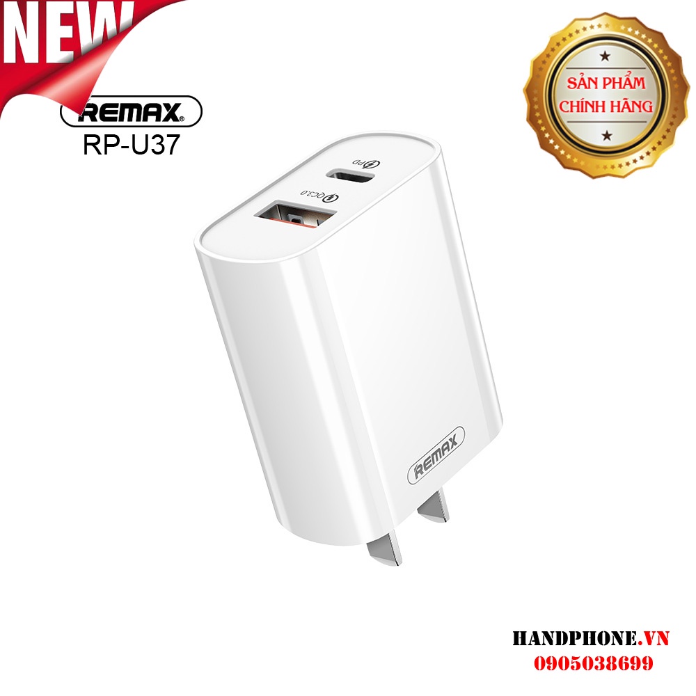 Củ Sạc Đa Năng Remax RP-U37 18W | 2 Cổng Sạc Nhanh USB -Type C | Sạc Nhanh Công Nghệ PD Qc 3.0 cho iPhone, Android