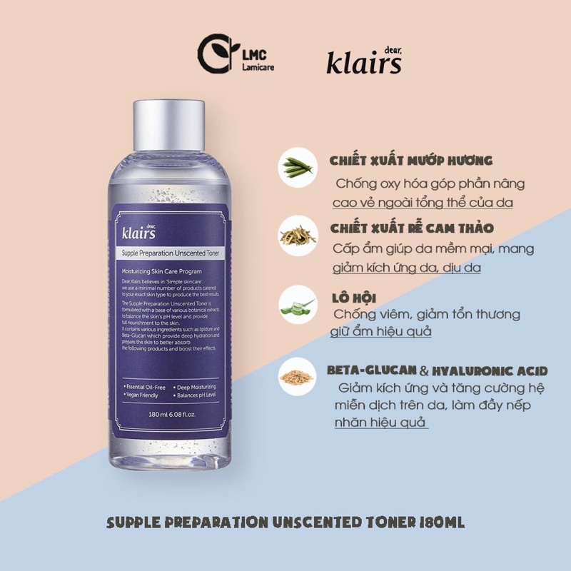 Nước hoa hồng dưỡng ẩm Klairs Supple Preparation Unscented Toner 180ml