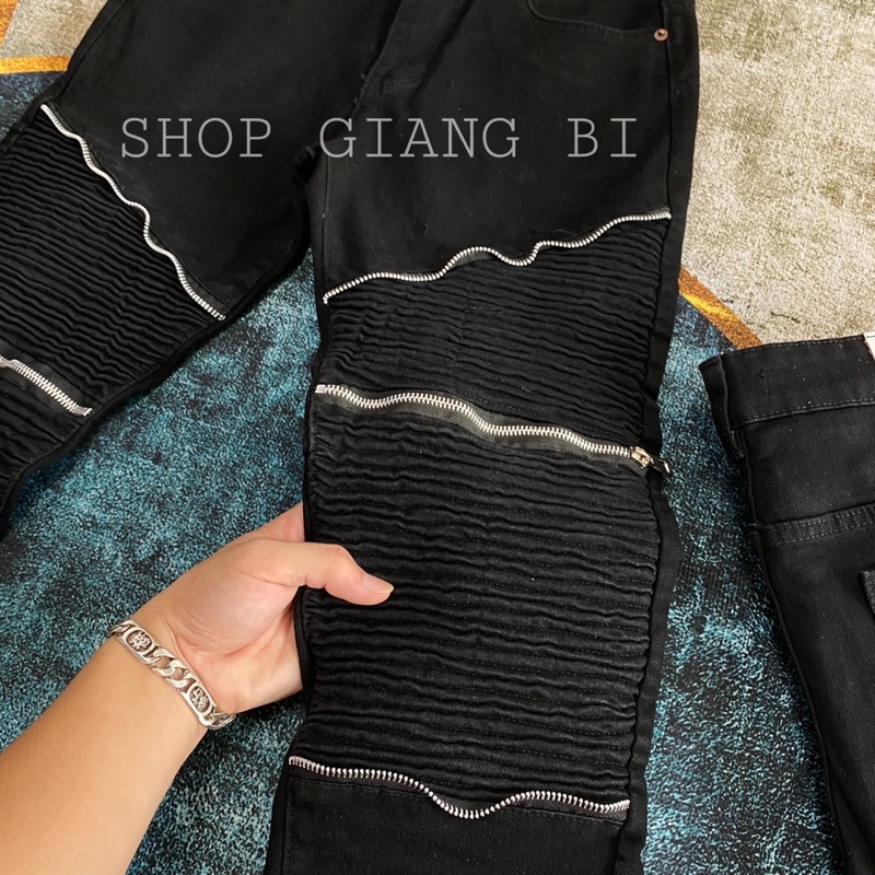 Quần jean vá nhăn phối 6 khoá,quần jean phối khoá zip vá nhăn gối