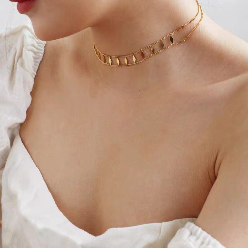 Dây Chuyền Hai Lớp Bằng Thép Titan Mạ Vàng 18k Đính Kim Cương Phong Cách Âu Mỹ Đơn Giản Dễ Phối Đồ Làm Quà Tặng Sinh Nhật / Valentine