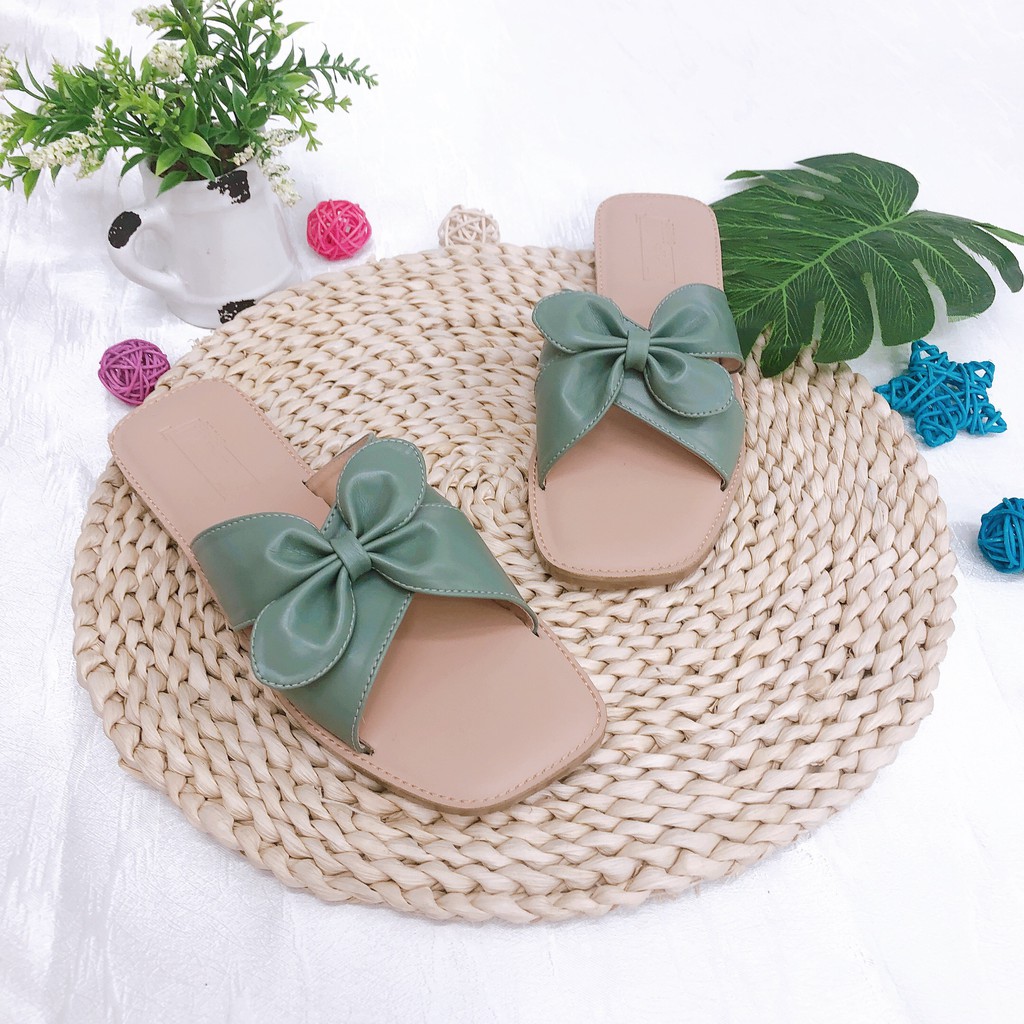 Dép lê nữ thời trang thiết kế  quai chéo đính nơ cánh mềm,dễ thương,đi dạo phố,đi biển-Pamshoes DLB05