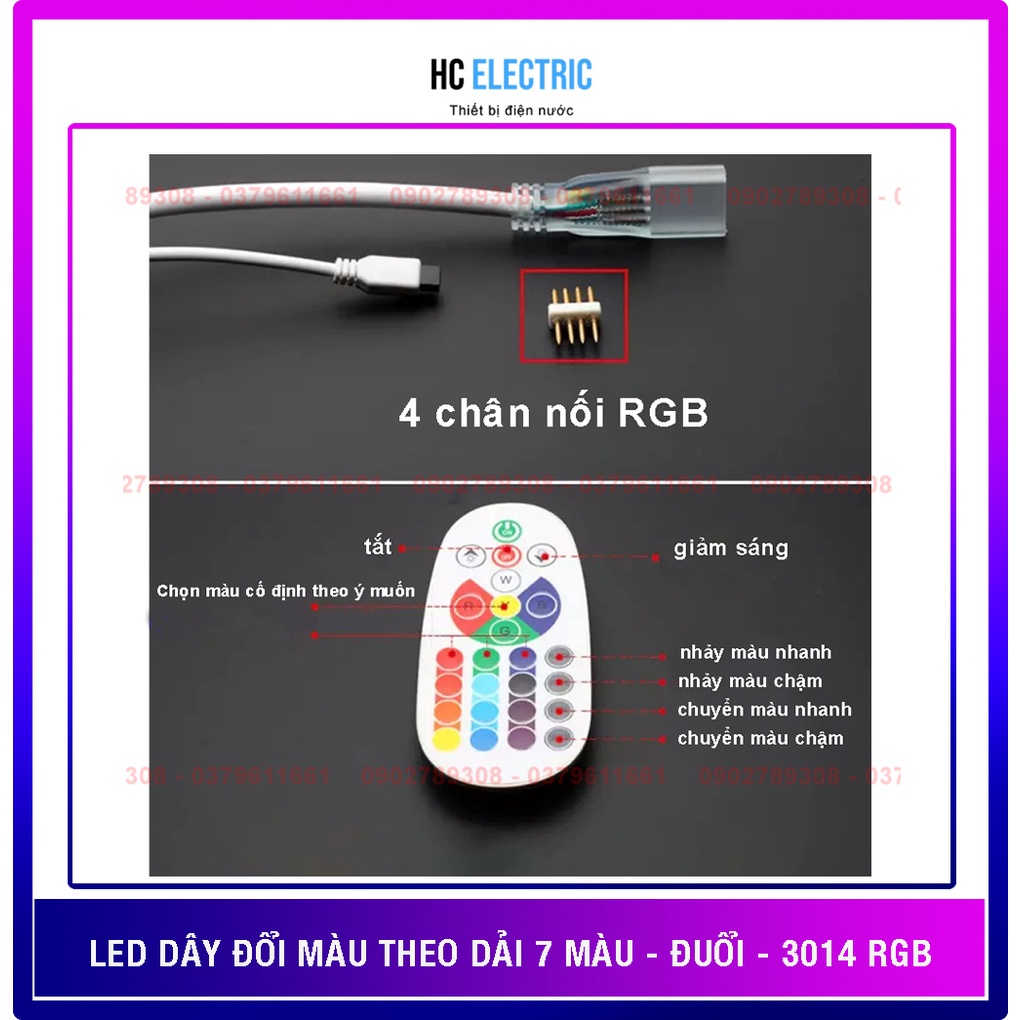 LED DÂY ĐỔI 7 MÀU LED DÂY CHỚP - SÁNG NHIỀU CHẾ ĐỘ  3014 RGB 4 CHÂN -220V