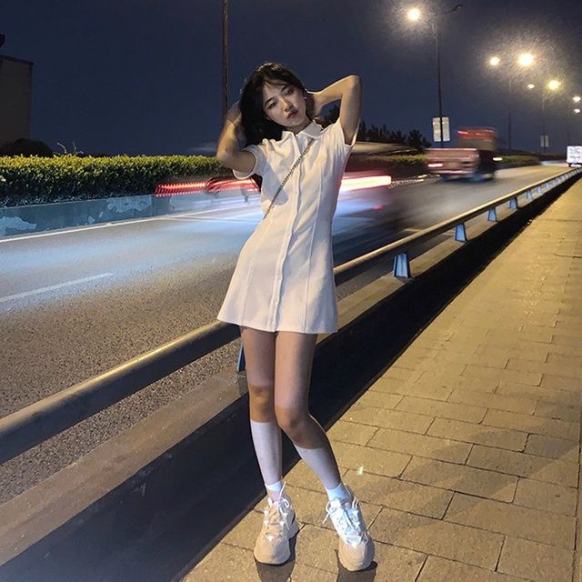 Korean style chic summer small white dress women Korean style waist reduction polo pure desire for short skirt summer