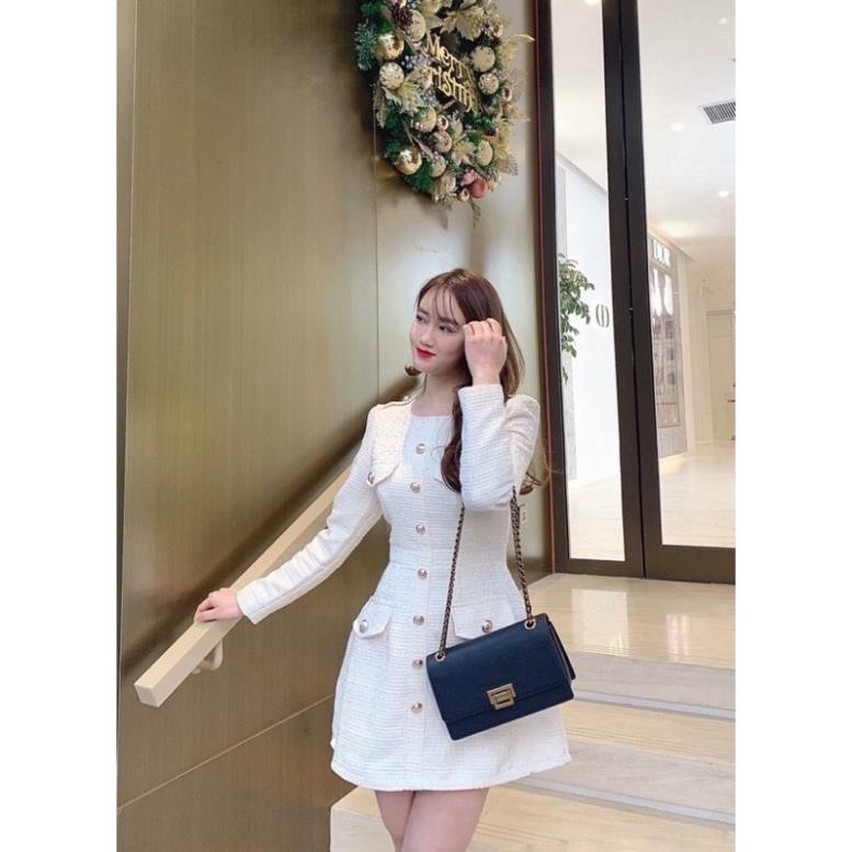 sale 12-12 Váy Dạ tweed trắng cúc đồng, Chất đẹp, loại 2 lớp - December Fashion