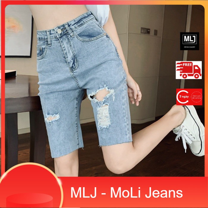 Quần jean nữ ngố / lửng BIG SIZE lưng cao, co dãn mạnh rách kiểu đẹp dành cho người béo 60-90kg Moliruan 3549