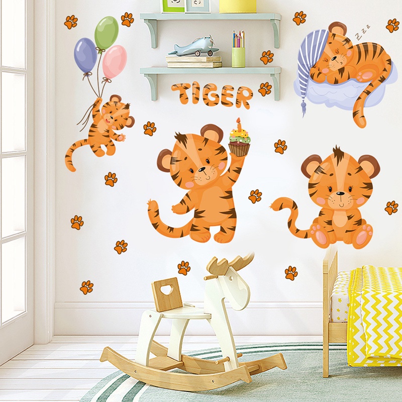 1 Set Giấy Dán Tường Vinyl Hình Con Hổ Hoạt Hình DIY Trang Trí Phòng Trẻ Em