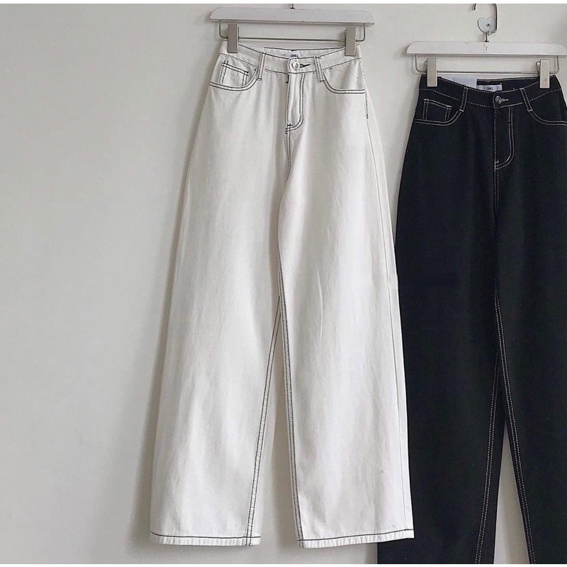 Quần jean ống rộng nữ Lylyshop Unisex chất vải jean dày dặn phối viền chỉ nổi phong cách cá tính