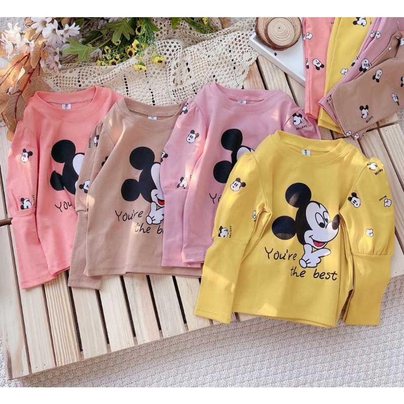 Bộ bé gái thu đông tay bồng chất cotton co dãn mịn đẹp in micky