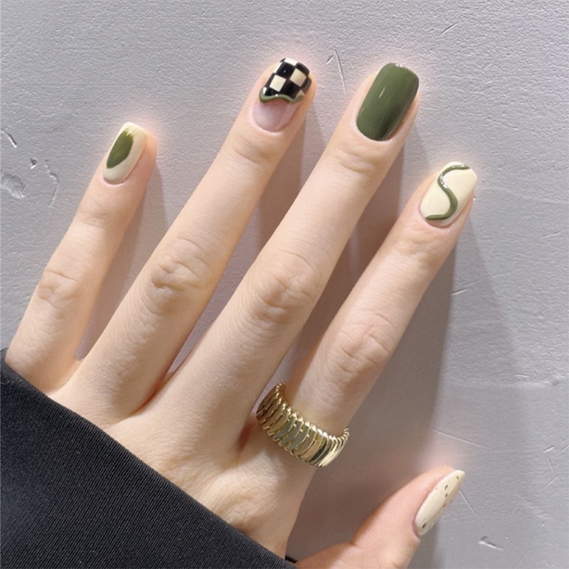 Bộ 24 Móng Tay Giả Họa Tiết Caro Kiểu Pháp Có Thể Tháo Rời Kèm Gel Thạch