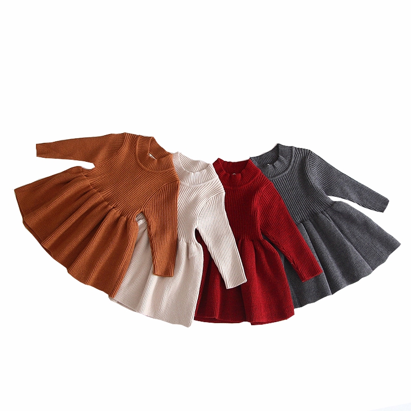 Đầm len tay dài màu trơn thời trang dành cho bé gái