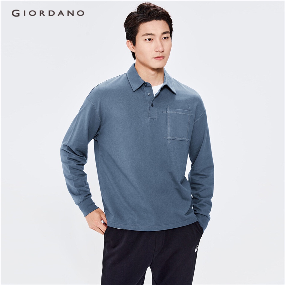 Áo sơ mi polo GIORDANO 01012788 dáng rộng có túi đường viền sáng màu cho nam