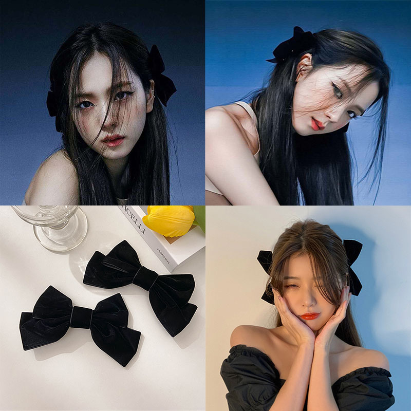 Blackpink Chisoo Style Velvet Hairpin Korea Black Bow Hairpin Side Clip Girly Temperament  Hair Accessories