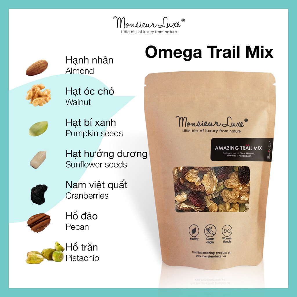 Hỗn hợp Hạt trái Omega Luxe (Omega TrailMix) 250g/500g - Ăn vặt Healthy với Hạt Sấy Lạnh & Trái Cây khô