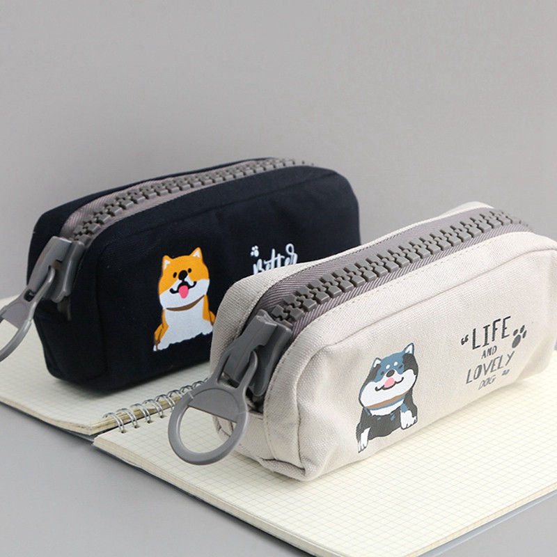 Bóp Viết Vải Canvas Có Khóa Zip Nhựa To, Hộp Bút To Hình Chó Shiba, Đựng Nhiều Máy Tính QUTI HBV18