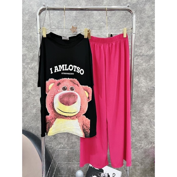 Set áo cotton gấu lotso xinh xắn quần suông hồng hình thật W4
