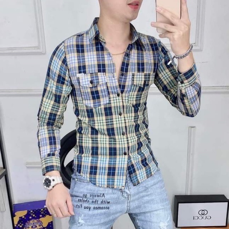 Áo sơ mi nam dài ta bbr loang màu rách gấu kẻ sọc caro nhiều màu , chất liệu cotton thấm hút mồ hôi
