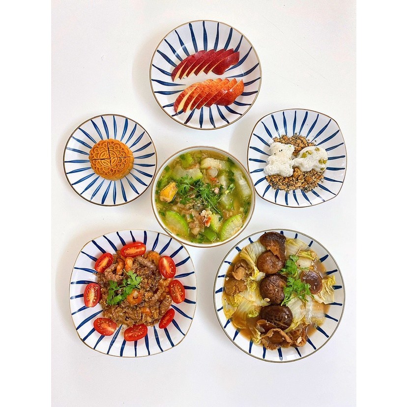 [12 Size] Đĩa Sứ Họa Tiết Kẻ Decor - OHOHO HOME