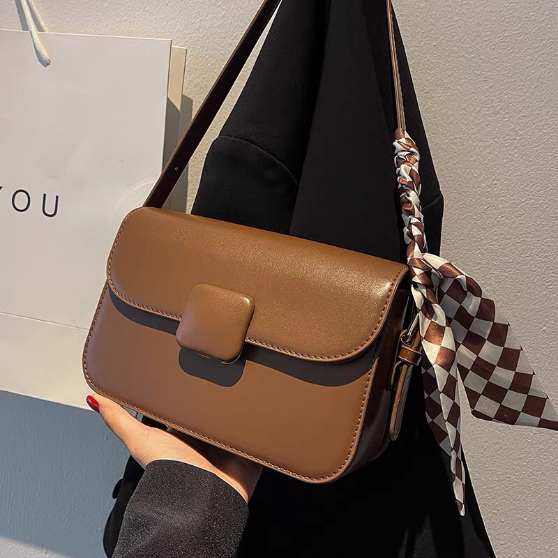 Túi nữ da trơn, khóa vuông bọc da, túi bộ 2 dây tặng kèm khăn lụa nổi bật hàng đẹp 2022 SL47