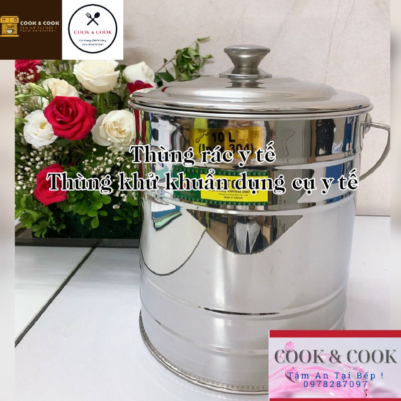 [Chính Hãng] Thùng đựng rác y tế 10, 15, 20 lít, thùng khử khuẩn dụng cụ y tế inox 304 có nắp đậy quai sách tiện dụng