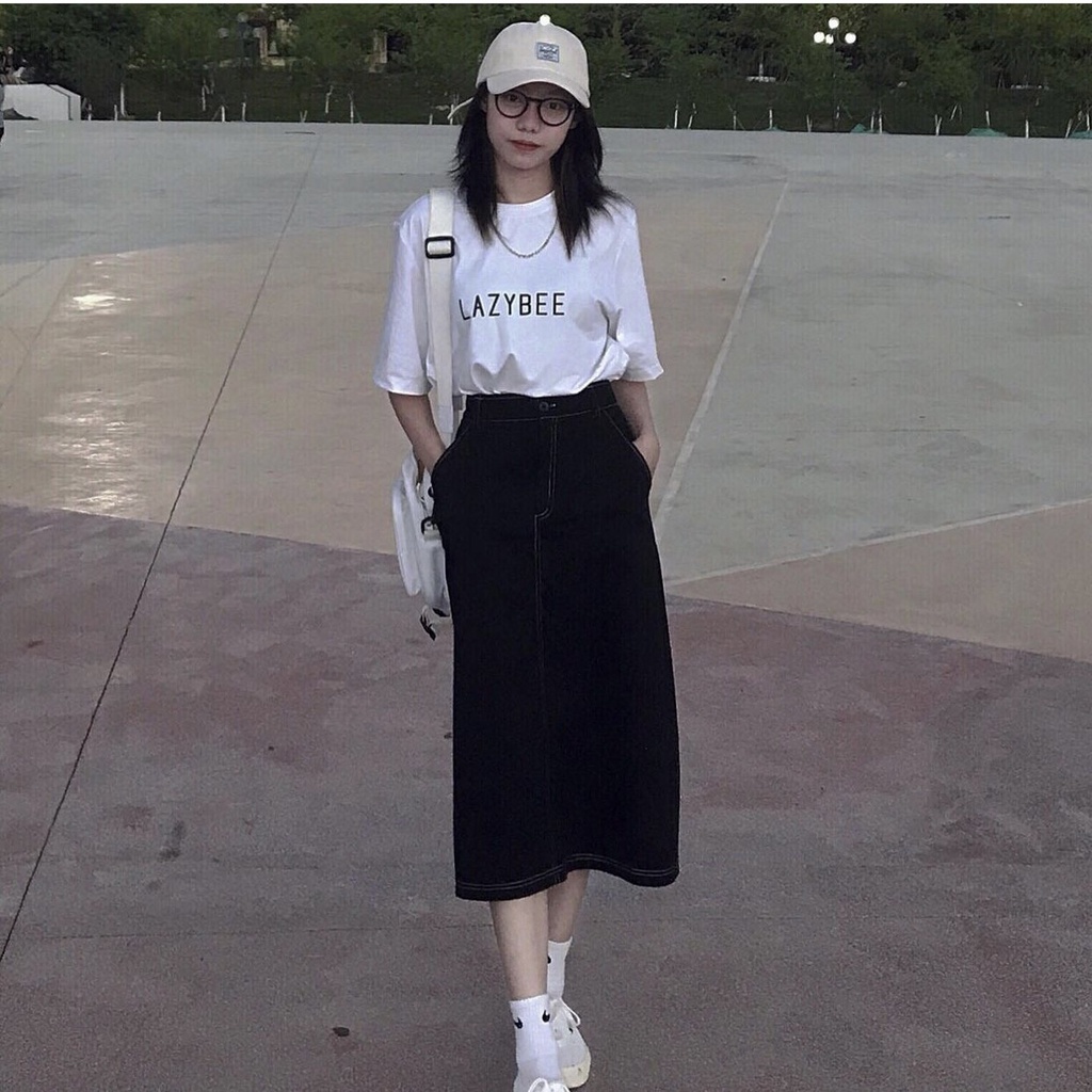 Chân váy jeans dài/ Chân váy xẻ tà chỉ nổi dễ mix đồ