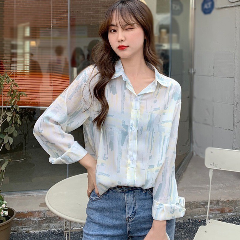 Áo sơ mi voan tay dài in họa tiết sơn dầu thời trang cho nữ