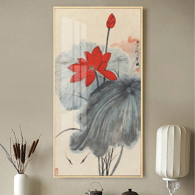 Tranh Vải Bạt Treo Tường In Hình Cá Koi / Hoa Sen / Chim Phong Cách Trung Hoa Cổ Điển Trang Trí Nhà Cửa