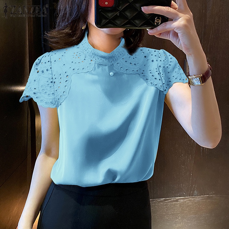 Áo kiểu ZANZEA vải satin màu trơn cổ đứng phối ren phong cách cổ điển cho nữ