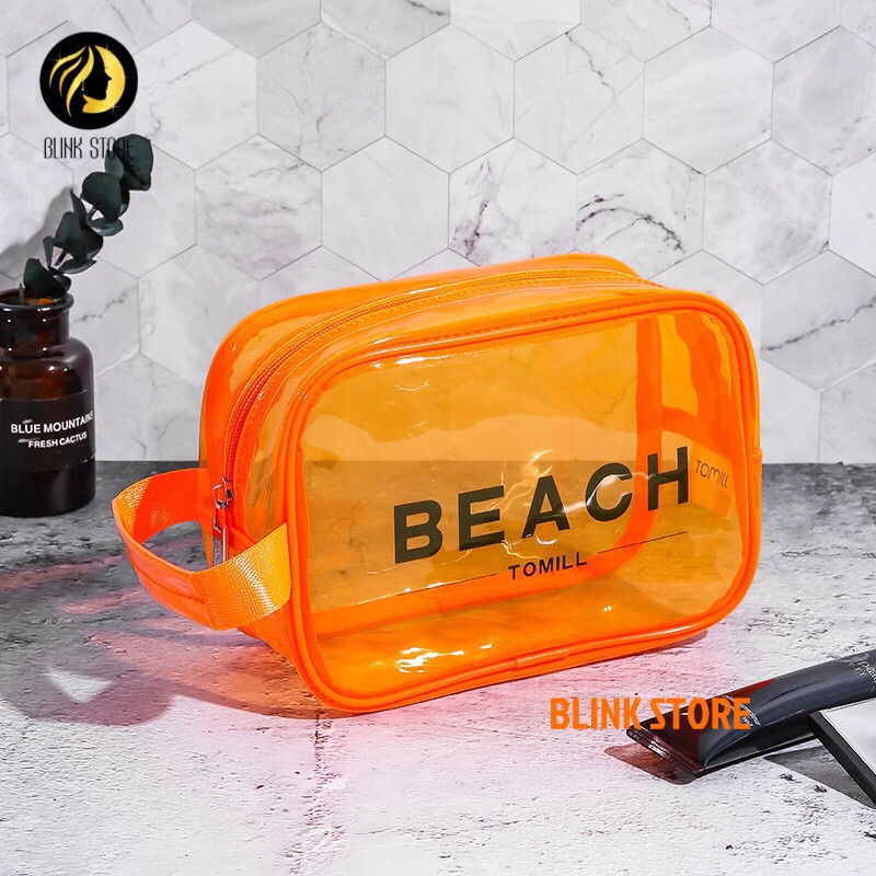 Túi đựng mỹ phẩm BEACH, cất giữ đồ cá nhân đi du lịch, chất liệu nhựa PU dẻo cao cấp trong suốt 3 màu sành điệu