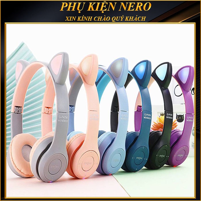Tai Nghe Chụp Tai Không Dây Bluetooth P47M Dạng Tai Mèo Dễ Thương Có Mic Gaming