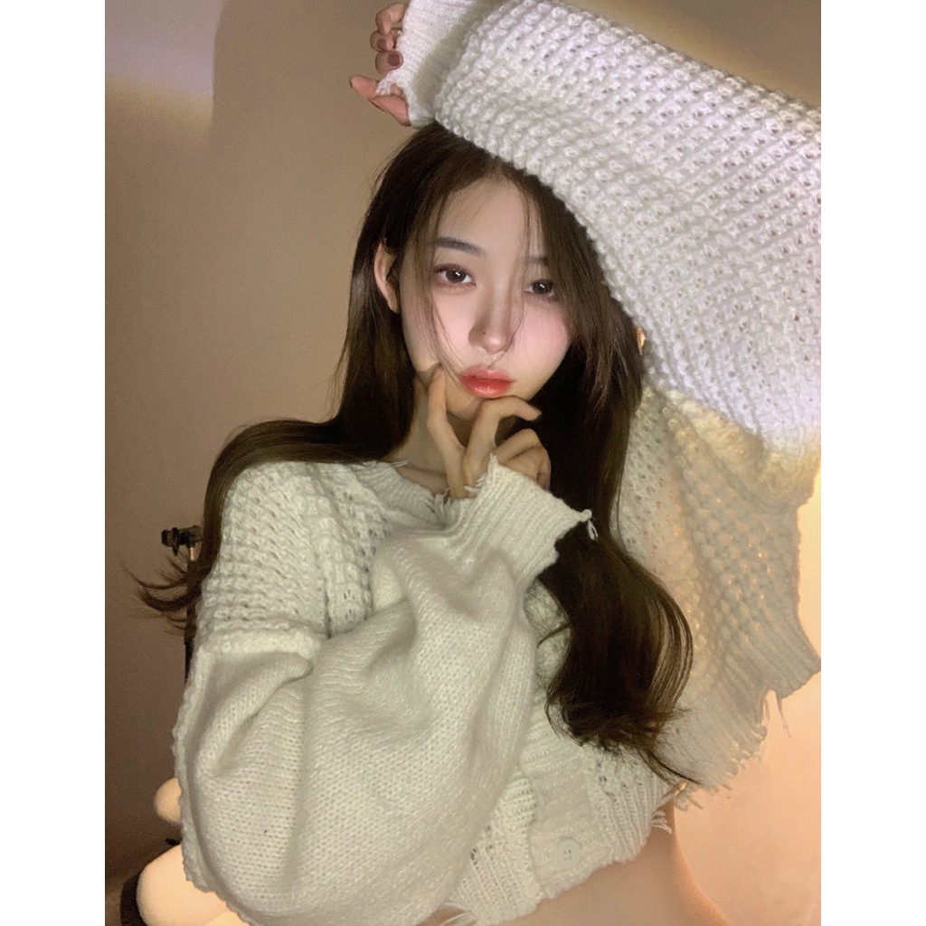 Kumikumi HUANG YOYO Áo cardigan dáng rộng tay dài phồng nhẹ phong cách Hàn Quốc thời trang cho nữ