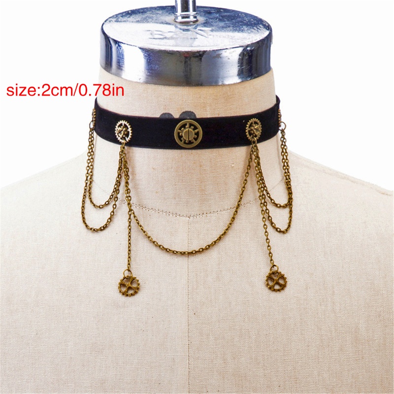 Vòng Cổ Choker Nhung Đen Phong Cách Steampunk Cổ Điển Kèm Dây Xích Kim Loại Có Thể Điều Chỉnh