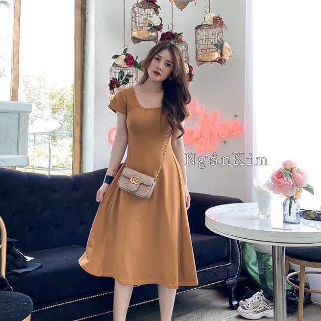 Váy Cổ U Tay Cộc 🌺 Đầm thun nữ midi 2 màu ĐEN | NÂU trơn style Korea SIÊU HOT 🌺 New ྇