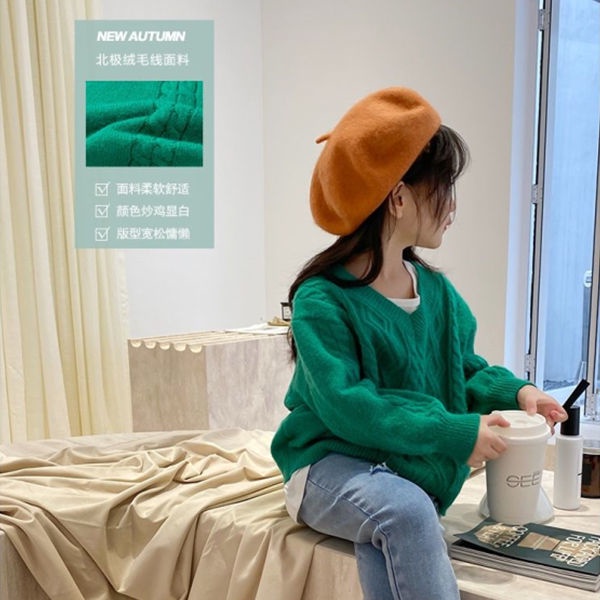 Áo Len Màu Xanh Lá Cây Phong Cách Phương Tây Cho Bé Gái Hàn QuốcVÁo Dệt Kim Dài Tay Cổ Sành Điệu